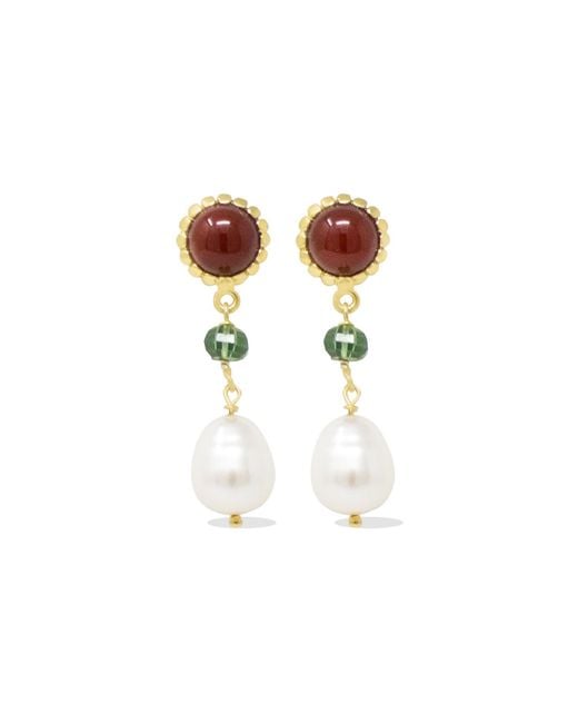 Vintouch Italy White Carnelian, Green Agate & Pearl Drop Earrings