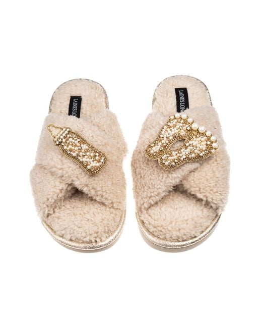 Laines London Natural Neutrals Laines Neutral Boucle Slippers With New Baby Brooches