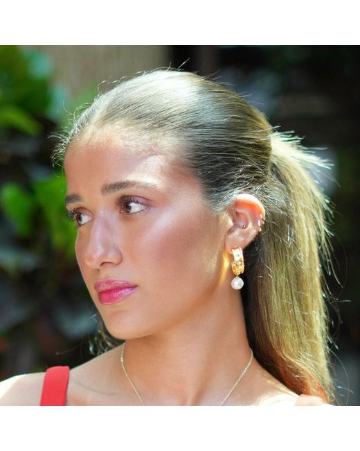 Ebru Jewelry Metallic Pearl Drop Gold Hoop Earrings
