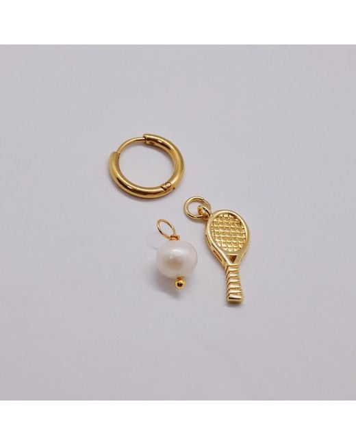 VALERIE CHIC Metallic Tennis Racket Ball Pearl 18K Hoop Earrings