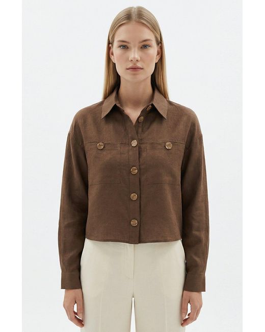 Exquise Brown Seleneelle Long Sleeve Linen Crop Jacket