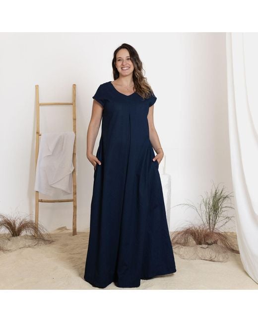 Nikka Place Blue Linen Maternity Maxi Dress With Back Tie And Pockets