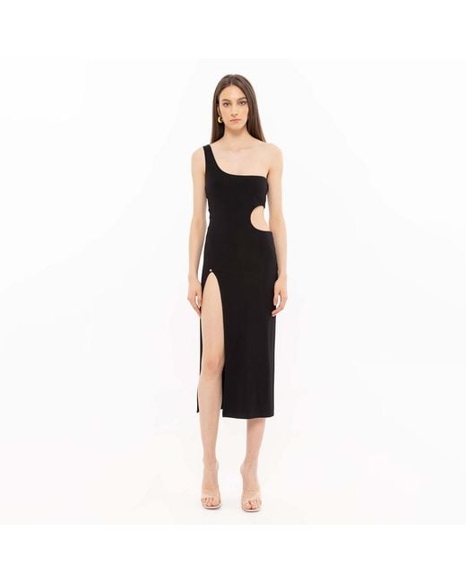Nissa Black One-Shoulder Cut-Out Midi Dress