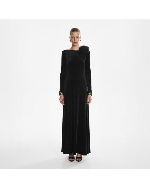 Lita Couture Black Velvet Flower Appliqué Dress