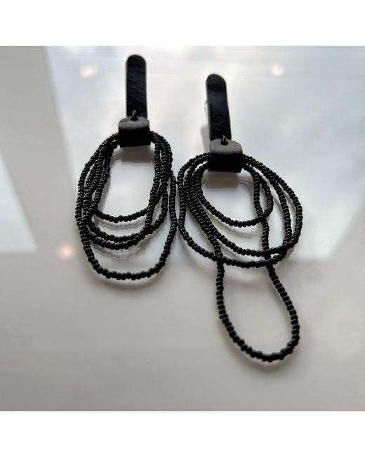 WAIWAI Black Beaded Dangle Leather Earrings