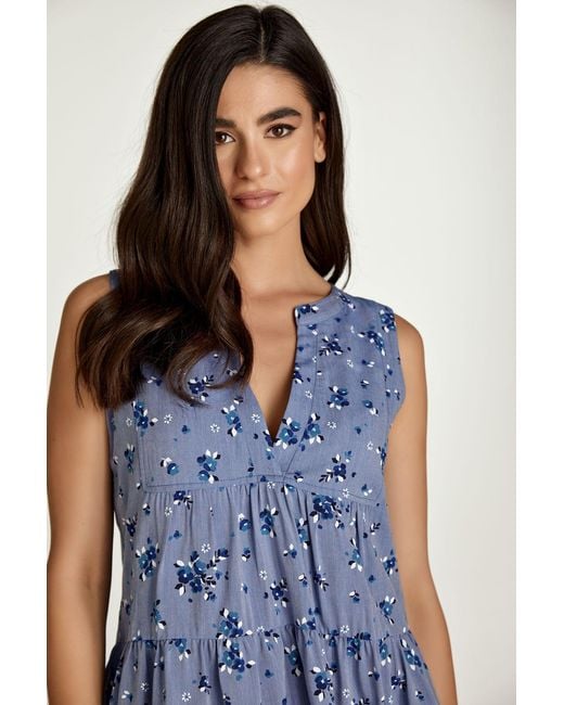 Conquista Blue Sleeveless Floral A Line Dress