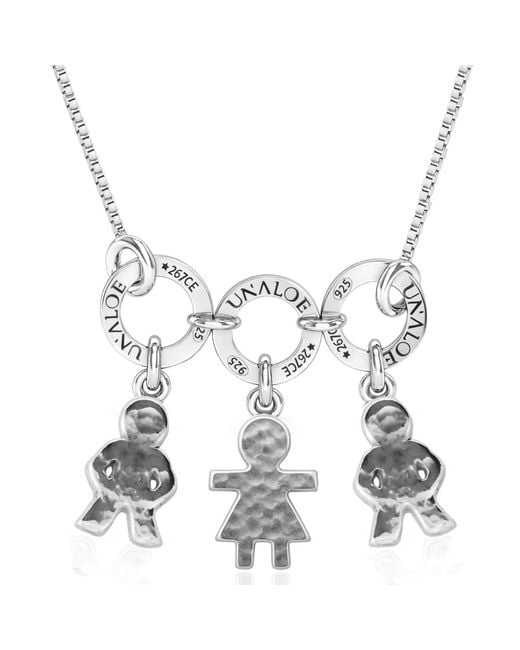 Unaloe Metallic Sterling Necklace With Three Baby – Hammered Child Silhouette Pendants, Personalised Family Keepsake Jewellery