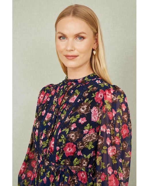 Yumi' Blue Blossom Print Maxi Dress With Long Sleeves & Lace Trims