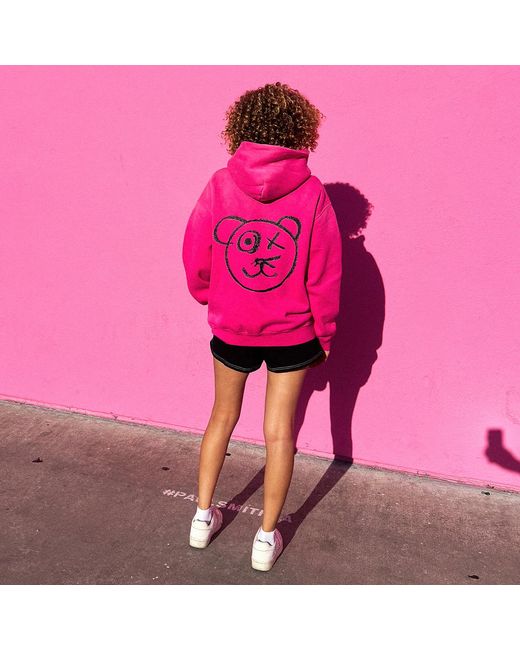 X Ilona Blue Pink Graffiti Teddy Bear Sun Fade Wash Cotton Fleece Fuchsia Hoodie