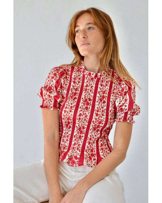 Mind Traveler Red Chia Floral Short-Sleeved Blouse