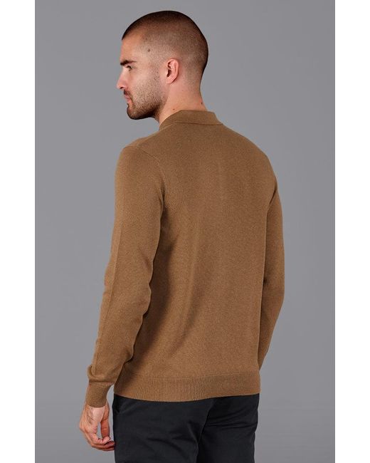 Paul James Knitwear Brown Lightweight Cotton Hall Long Sleeve Knitted Polo Shirt for men