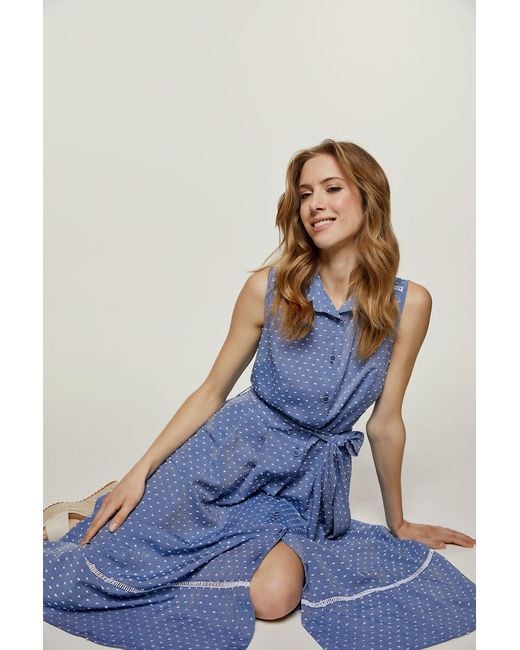 Conquista Blue Polka Dot Button Detail Dress