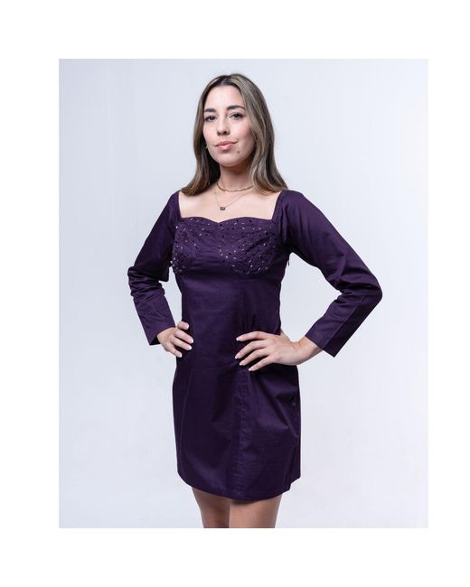 House of Gl Purple Amethyst Beaded Cotton Mini Dress With Sweetheart Neckline