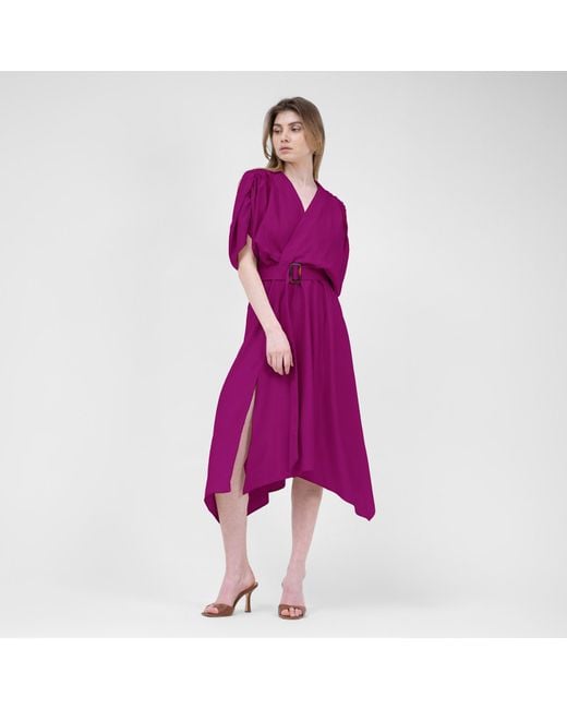 BLUZAT Purple Fuchsia Linen Midi Dress With Belt