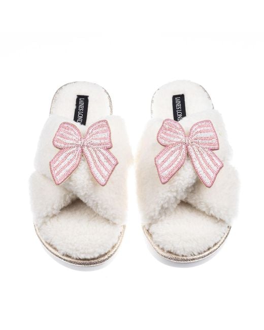 Laines London Pink Neutrals Laines Neutral Boucle Slippers With Stripe Bow Brooches