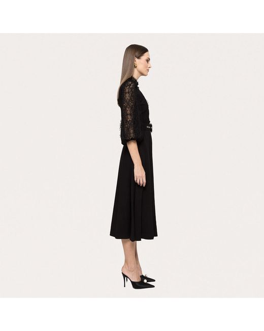 Nissa Black Lace-Insert Viscose Midi Dress