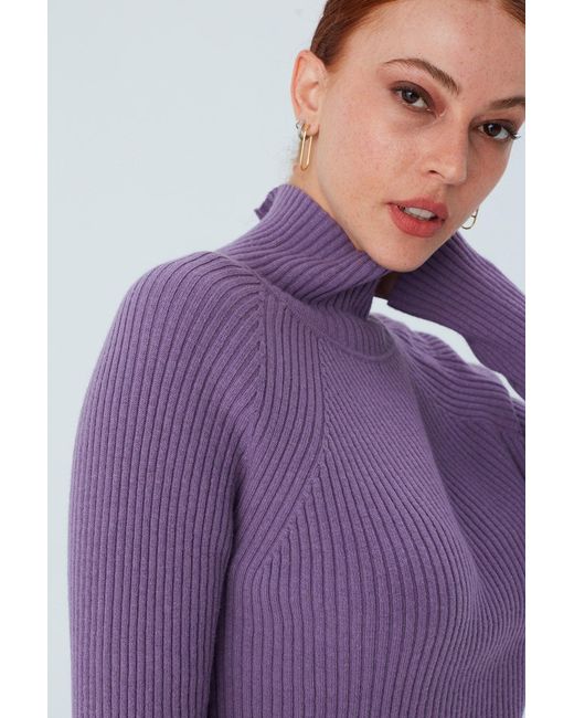 Peraluna Purple High Mock Neck Cashmere Blend Ribbed Knit Pullover