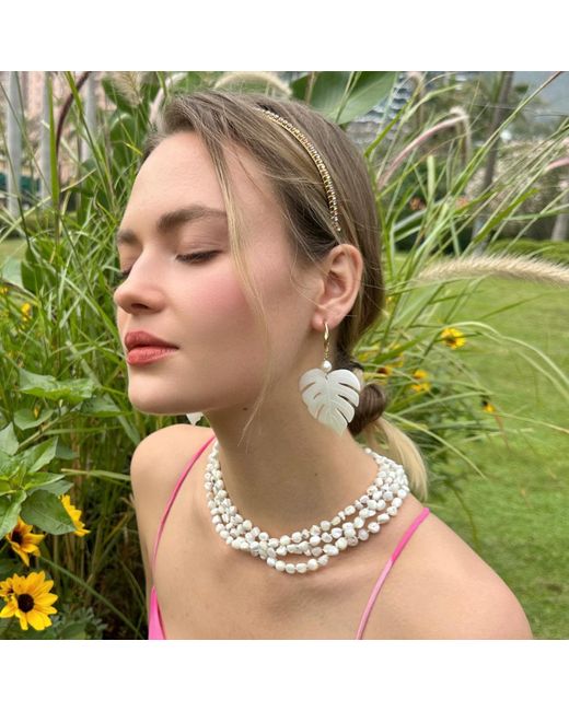 Farra White Leaves Shaped Shell With Pearls Chunky Earrings