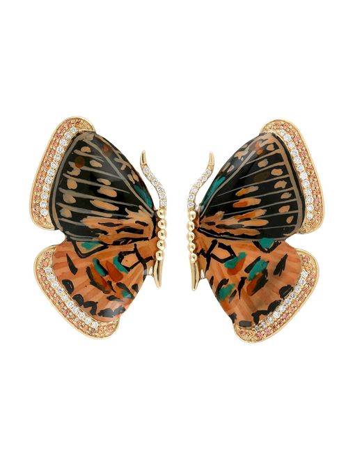 Artisan Brown 18k Gold & Pink Sapphire Pave Diamond Picture Enamel Butterfly Stud Earrings