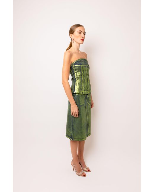 Amy Lynn Green Clara Denim Foil Coated Midi Skirt