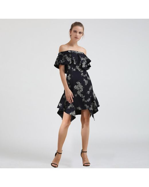 Smart and Joy Black Ruffle Bardot Denim Dress