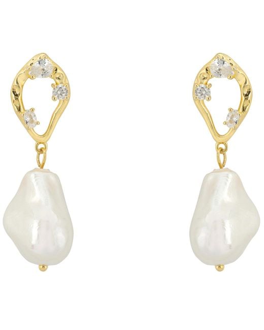 Latelita London White Midsummer Baroque Pearl Drop Earrings Gold