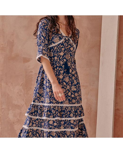 LAtelier London Blue Valentina Navy Floral Block Print Cotton Short Dress