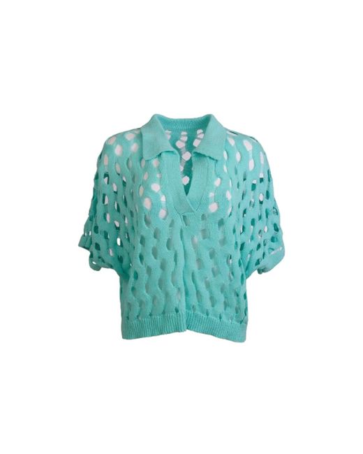 Saachi Blue Knit Cut-Out Collared Aqua Shirt