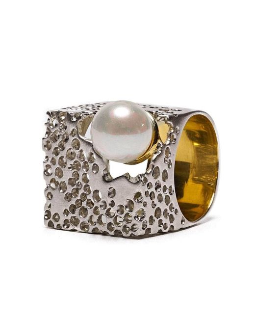 German Kabirski Metallic Devonia Irregular Sculptural Ring With Cultured Pearl