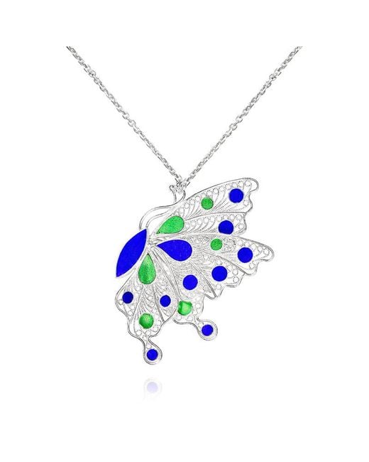 Far East Jewelry White Handcrafted & Enamel Butterfly Dance Necklace