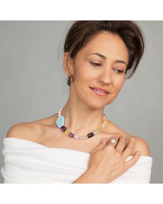 Silver Moon Blue Sterling Necklace With Pearls And Natural Gemstones