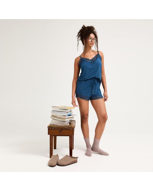 Pretty You London Blue Bamboo Lace Cami Short Pyjama Set