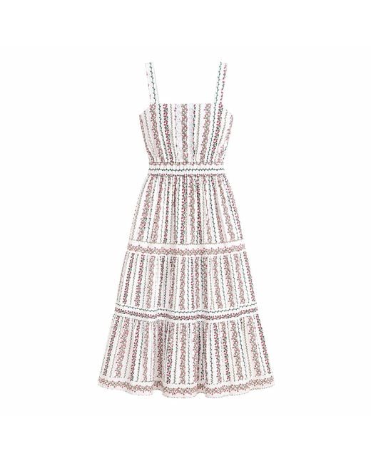 Yumi' White Botanical Stripe Midi Dress With Lace Trims