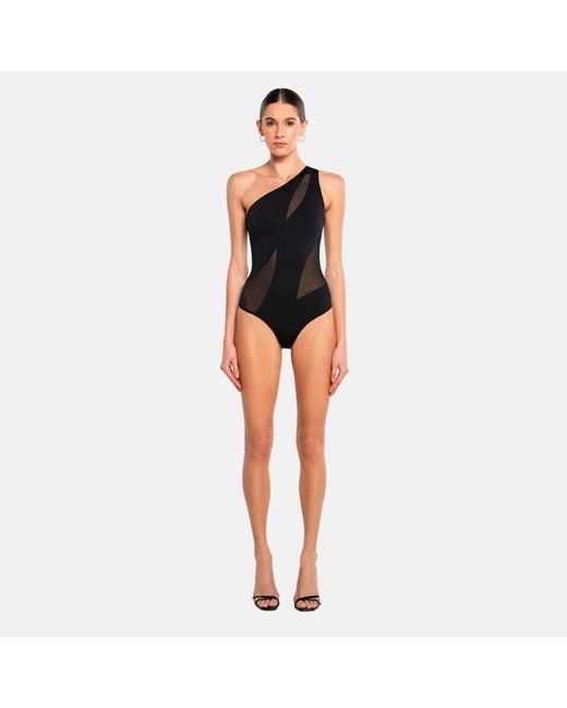 OW Collection Black Curve One Shoulder Mesh Bodysuit