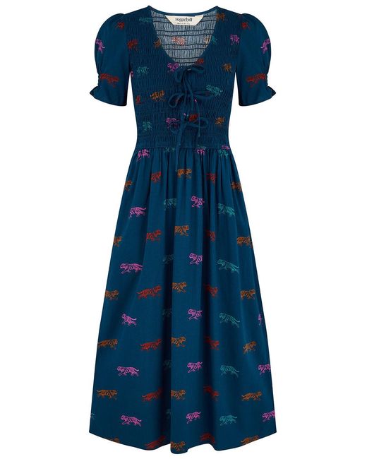 Sugarhill Blue Lacy Shirred Midi Dress Petrol Tiger