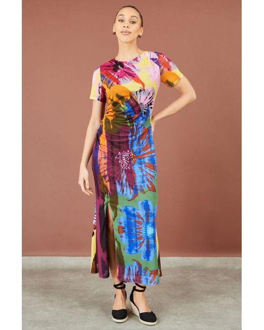 Yumi' Blue Multicolour Abstract Floral Mesh Midi Dress