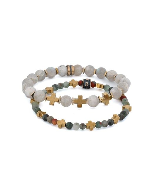 Ebru Jewelry Metallic Labradorite & Africa Bloodstone Cross Beaded Bracelet Set for men