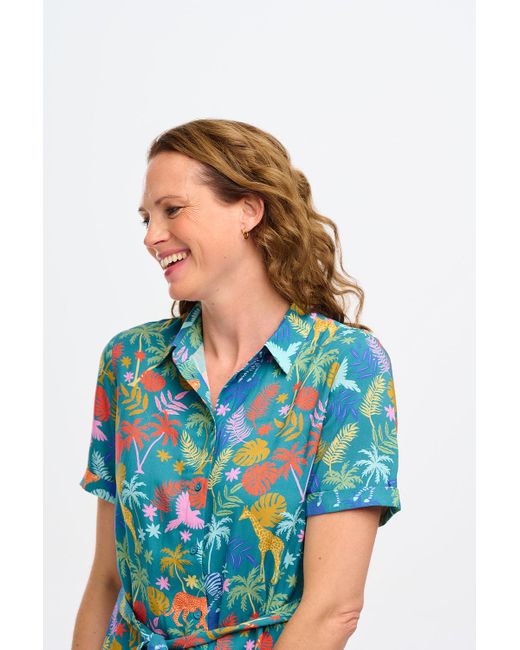 Sugarhill Blue Justine Midi Shirt Dress Teal, Rainbow Jungle