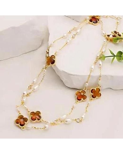 Angel Barocco Metallic Clover Crystal Freshwater Pearl Long Necklace
