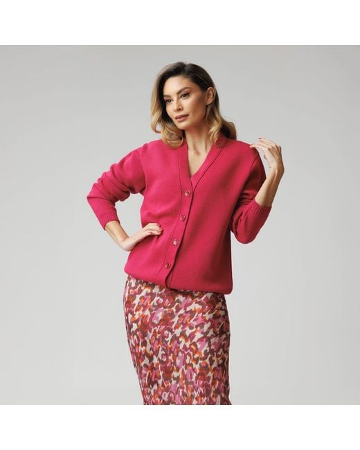 concept A trois Pink Fuchsia Cardigan With V Neckline, Knitted, With Crystal Buttons