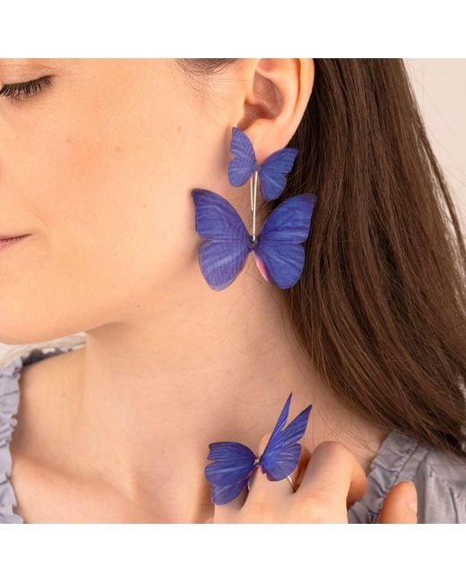 Oana Savu Blue Dark Silk Butterfly Earrings Sterling Statement Dangle Ear Wires