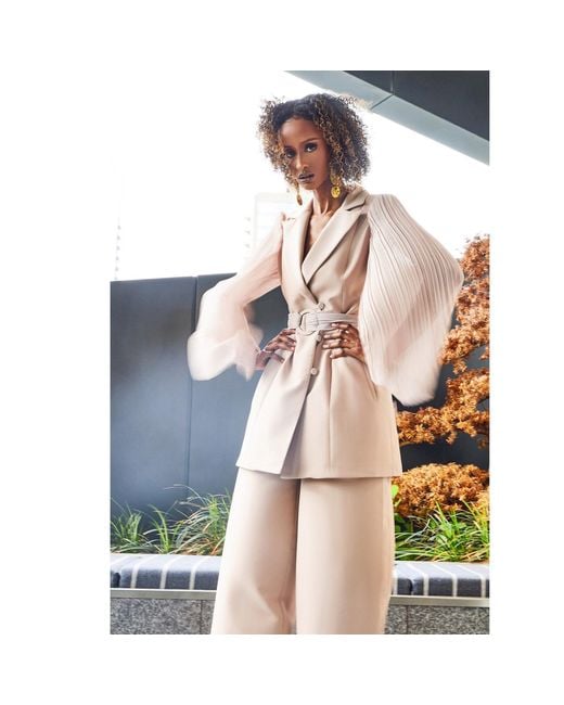 NALÈ Pink Pleated Sleeves Blazer With Detachable Belt & Palazzo Wide Leg Trouser Suit