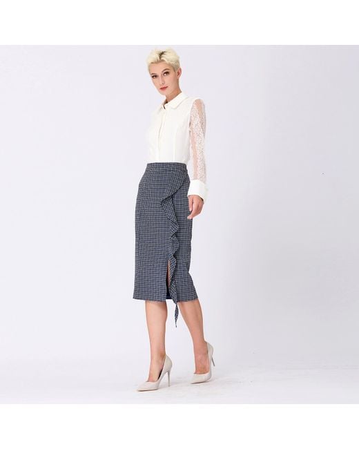 Smart and Joy Blue Micro Tartan Ruffle Pencil Skirt