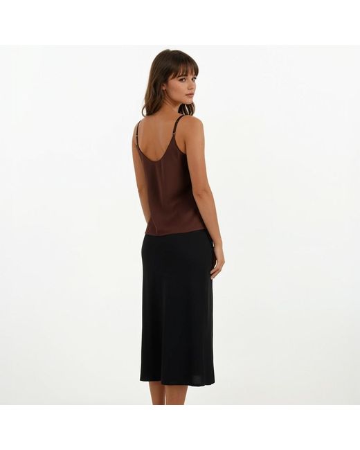 Haris Cotton Black Satin Viscose Midi Skirt With Elastic Waist And Back Darts