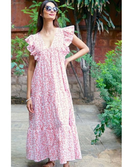 La Mandarine Pink Floral Summer Maxi Dress, Frilled Sleeve Cotton Summer Dress With Pockets, Coralie