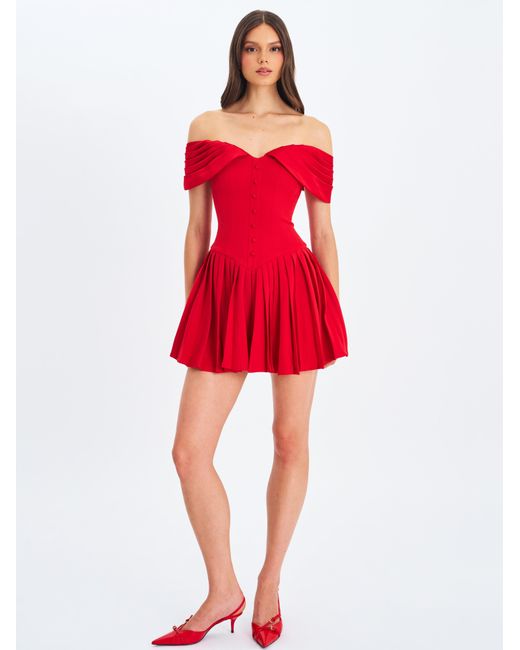 Miss Circle New York Red Narelle Crimson Off-Shoulder Sweetheart Drop Waist Mini Dress