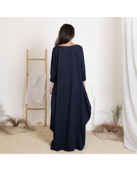 Nikka Place Blue Maxi Linen Kaftan Dress With Tie And Bracelet Sleeves