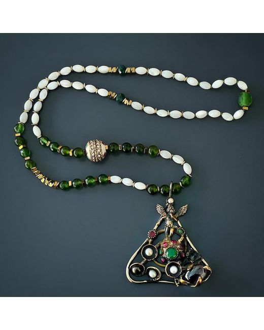Ebru Jewelry White Jade & Amethyst Gemstone Handmade Angel Pendant Beaded Necklace
