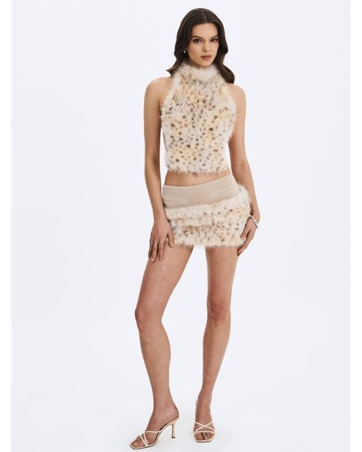 Miss Circle New York Gray Neutrals Sasha Tan Cheetah Backless Contoured Fur Halter Top