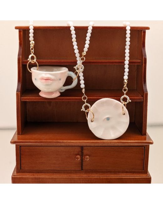 H2 Studio Pink The Cup Theater Mini Porcelain Cup & Plate Shell Beads Necklace